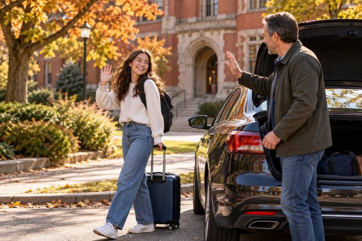 A student with a suitcase greeting a driver on campus