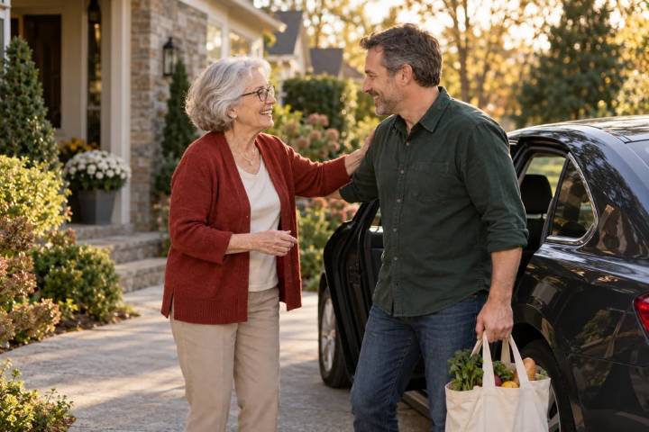 Linda greeting Mike beside her car with groceries