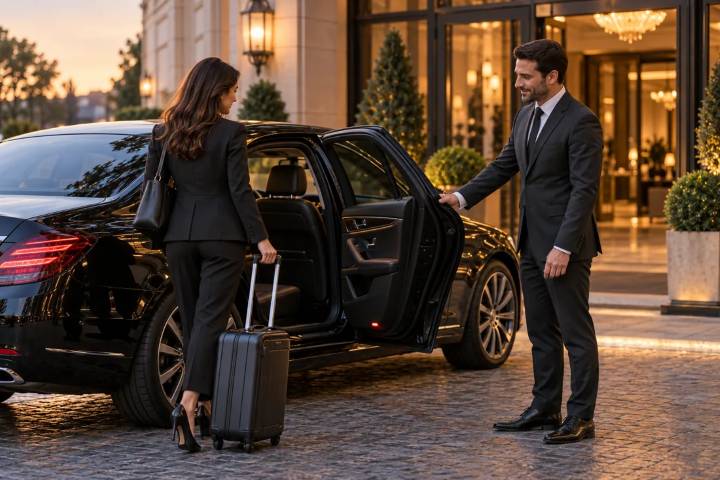 A chauffeur opening a sedan door outside a hotel