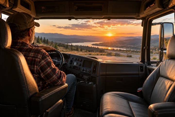 A trucker on a sunset highway